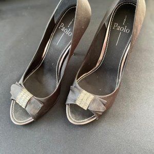 Paolo - Black Open Toe Pumps with Crystal Buckle & Black Bow - Size 9